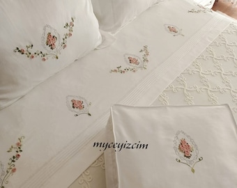 Hand Embroidered Floral Duvet Cover Set | Ecru Cotton Satin Bedding