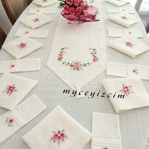 Hand Embroidered Linen Dinner Napkins and Tablecloth Set, Dining Set for Thanksgiving Day, Home Textiles Decor for Dining Room