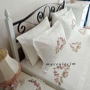Pink Hand Embroidered Off-white Duvet Cover Set | Cotton Satin Wedding Bedding Set | Queen and King Size Fancy Bedding Set