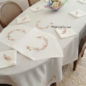 Hand Embroidered Linen Tablecloth, Runner and Napkins, Hand-crafted Dinner Tablemat Set, Floral Kitchen Decor, Thanksgiving Gift Idea