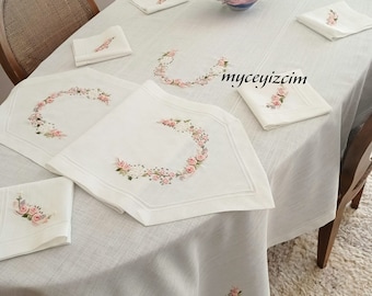 Hand Embroidered Linen Tablecloth Set, Floral Dinner Table Decor