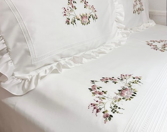 Hand-embroidered Floral Cotton Satin Duvet Cover, Queen/King Bedding