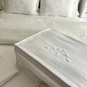 Off-white Hand Embroidered Cotton Satin Duvet Cover Set | Wedding Bedding Set for Couples | Queen and King Size Fancy Bedding