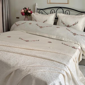 Hand Embroidered Floral Bed Cover and Duvet Cover Set | Embroidered Wedding Bedding Set | Cotton Satin Queen and King Size Blanket Set