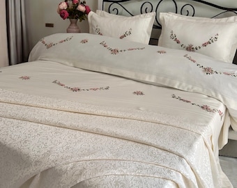 Hand Embroidered Floral Cotton Satin Bedding Set | Queen, King Size