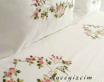 Handmade Floral Embroidered Cotton Satin Duvet Cover Set