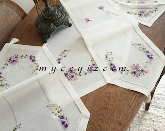 Hand Embroidered Linen Table Runners and Napkins with different size and colors| Linen Tablemats