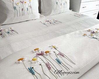 Daisy Model Hand Embroidered White Pique Set and Duvet Cover