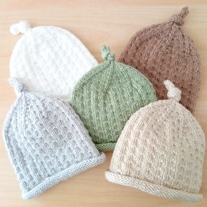 Small-Size Newborn and  Newborn Baby Hat. Hand Knitted. Top knot. Latte, Light Green, Natural, Silver Grey, White