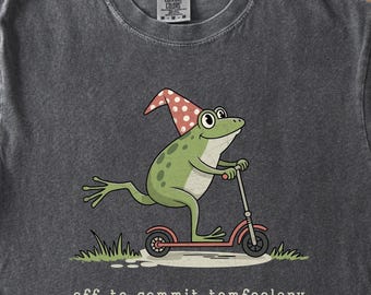Off to Commit Tomfoolery Frog Shirt, Playful Frog T-Shirt, Funny Gift, Quirky Graphic Shirt, Funny Weirdcore, Women Casual Outfit