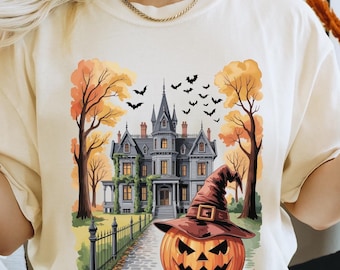 Shirt spookhuis, Spooky Halloween-T-shirt, T-shirt Comfort Colors, Grafisch shirt Fall Ghost, Esthetisch Halloween-shirt