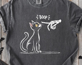 Funny Cat Boop Shirt, Halloween Skeleton Hand Tee, Spooky Cat Nose Boop T-Shirt, Cute Goth Cat Graphic, Comfort Colors Halloween Shirt