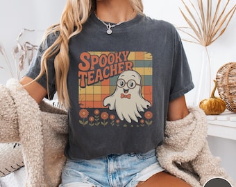 Halloween Teacher T-shirt, Spooky Teacher Tee, Teacher Appreciation Gift, Ghost Print Apparel, Fall Fashion, Color Comfort