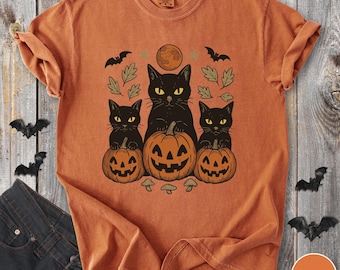 Halloween Katze T-Shirt, Retro Halloween Katze Shirt, gruselige Kleidung, Halloween-Kostüm, Retro Spooky Saison T Shirt, Comfort Farben Shirt