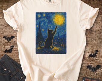 Black Cat Shirt, Cat Lover Shirt, Black Cat Starry Night Style T-Shirt, Moonlight Comfort Colors 1717 Tee, Celestial Cat Graphic Shirt