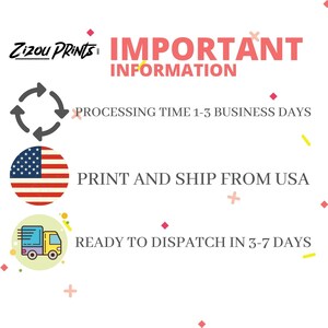 May include: A graphic with important information about processing time, shipping location, and dispatch time. The graphic includes a circular arrow, a US flag, and a delivery truck icon. The text reads: "IMPORTANT INFORMATION PROCESSING TIME 1-3 BUSINESS DAYS PRINT AND SHIP FROM USA READY TO DISPATCH IN 3-7 DAYS"