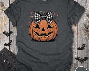 Chemise citrouille coquette, joli t-shirt avec noeud d'Halloween, t-shirt rétro Jack O Lantern aux couleurs confortables, t-shirt graphique citrouille mignon, chemise Halloween,