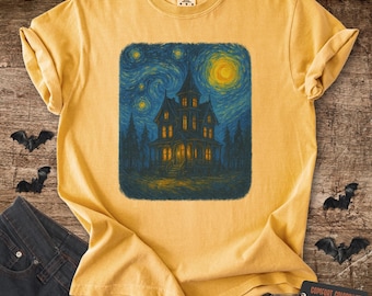 Haunted House Shirt, Halloween T-shirt, Starry Night Style T-Shirt, Halloween Comfort Colors 1717 Tee, Spooky Haunted Mansion Graphic Shirt