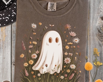 Maglietta unisex con motivo floreale a tema fantasma, maglietta con motivo fantasmi stravaganti, maglietta di Halloween, maglietta di Halloween con motivo pastello autunnale, maglietta con motivo fantasma retrò