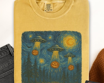Camiseta divertida de Halloween, camiseta estilo noche estrellada con abducción de calabaza OVNI, camiseta de Halloween con colores extraterrestres, camiseta espeluznante de Jack-O-Lantern