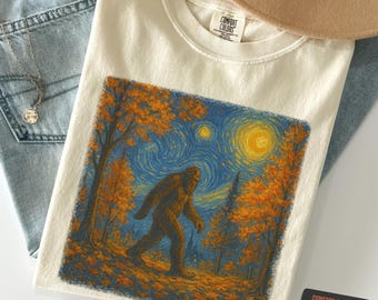 Funny Bigfoot Shirt, Bigfoot Autumn Forest Starry Night Style T-Shirt, Sasquatch Comfort Colors 1717 Tee, Cryptid Fall Graphic Shirt