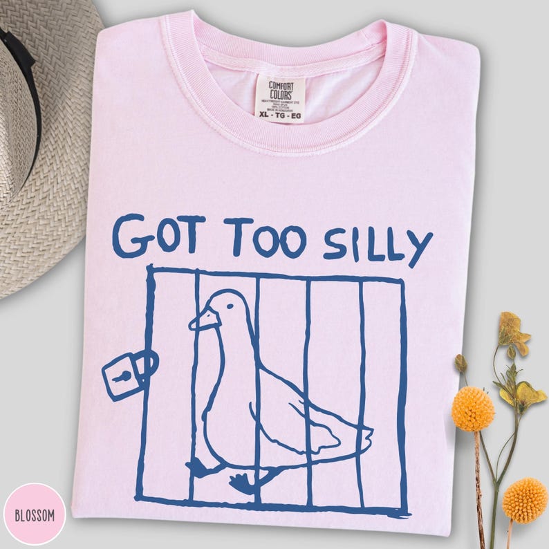 Op de afbeelding: Lichtroze t-shirt met de tekst "GOT TOO SILLY" in donkerblauw. Het ontwerp toont een cartoon eend in een kooi, eveneens in donkerblauw. Merk Comfort Colors, maat XL-TG-EG.