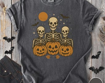 Maglietta di Halloween con scheletri spettrali, maglietta con scheletro inquietante, maglietta con Jack O'Lantern, costume di Halloween, maglietta retrò con tema stagione spettrale, colori comodi