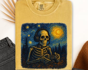 Halloween Gaming Shirt, Skeleton Gamer Starry Night Style T-Shirt, Halloween Gaming Comfort Colors 1717 Tee, Spooky Video Game Graphic Shirt