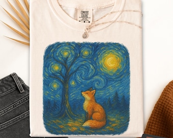 Fox Shirt, Fall Womens Tee, Fox Starry Night Style T-Shirt, Woodland Nature Comfort Colors 1717 Tee, Celestial Forest Fox Graphic Shirt