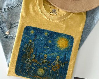 Camiseta divertida de esqueleto, camiseta estilo noche estrellada con banda de esqueletos, camiseta con colores cómodos, camiseta con gráfico de esqueleto gótico, camiseta de jazz rock espeluznante