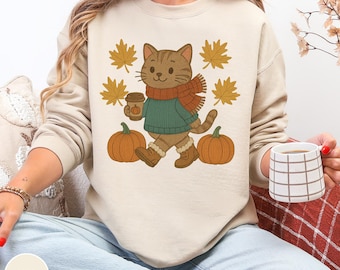 Cat Shirt and Sweatshirt, Coffee Sweatshirts, Fall Autumn Shirt, Printed Fall Top, Cat Mom Gift, Animal Lover Gifts, Women Fall Sweatshirt