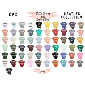 May include: Color chart for Bella Canvas 3001 t-shirts, showing a variety of heather and solid colors. The chart includes names for each color, such as "heather prism lilac", "heather storm", "heather stone", "heather slate", "heather sea green", "heather sand dune", "heather red", "heather raspberry", "heather purple", "heather prism sunset", "heather prism peach", "heather prism mint", "heather prism dusty blue", "heather prism blue", "heather peach", "heather orange", "heather olive", "heather navy", "heather mustard", "heather mini mint", "heather military green", "heather midnight navy", "heather maroon", "heather orchid", "heather lapis", "heather kelly", "heather light blue", "heather green", "heather grass green", "heather forest", "heather emerald", "heather dusty blue", "heather dust", "heather deep teal", "heather cool grey", "heather black", "heather columbia blue", "heather clay", "heather charity pink", "heather cement", "heather cardinal", "heather canvas red", "heather bubble gum", "heather brown", "heather blue", "heather autumn", "heather aqua", "heather mauve", "heather deep heather", "heather dark grey heather", "solid white blend", "solid black blend".