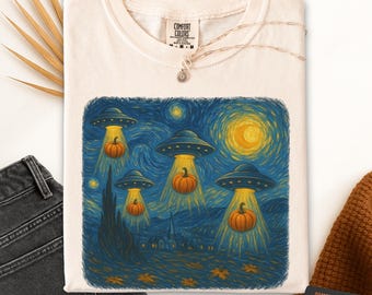 Camiseta divertida de Halloween, camiseta estilo noche estrellada con abducción de calabaza OVNI, camiseta de Halloween Comfort Colors 1717, camiseta con gráfico de nave espacial extraterrestre