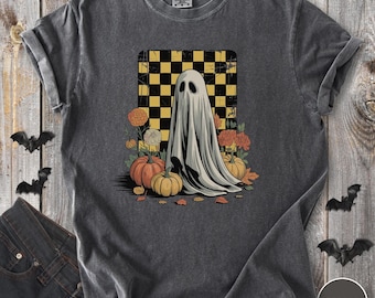 Checkered Ghost Pumpkin Shirt, Retro Halloween Graphic Tee, Comfort Colors 1717, Vintage Spooky Fall Floral T-Shirt, Plaid Ghost Shirt