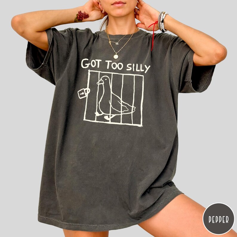 Op de afbeelding: Donkergrijs t-shirt met de tekst "GOT TOO SILLY" boven een witte afbeelding van een vogel in een kooi. Het shirt heeft korte mouwen en een losse pasvorm.