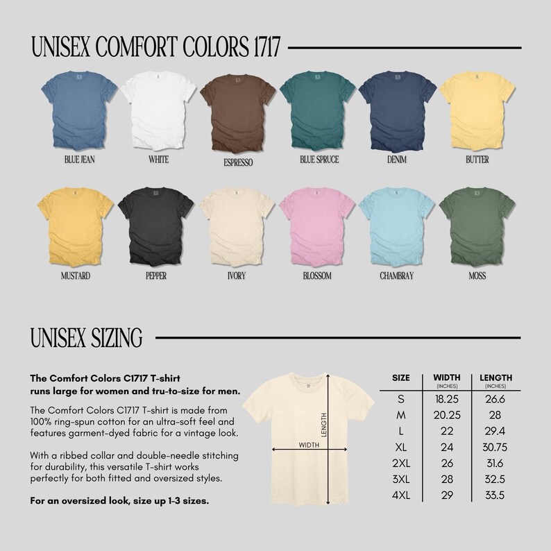 Op de afbeelding: Een display van Comfort Colors C1717 unisex t-shirts in diverse kleuren, waaronder blauw en wit. De afbeelding bevat een maattabel met afmetingen in cm en details over de stof en constructie van het shirt.