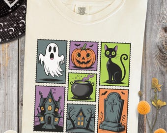 Halloween Graphic T-Shirt, Retro Halloween Shirt, Spooky Shirt, Halloween Cat Shirt, Fall Graphic Tee, Spooky Season Comfort Colors T-Shirt