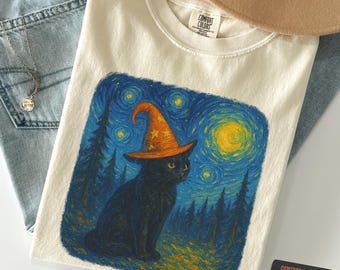 Maglietta con gatto nero di Halloween, maglietta con gatto nero e strega in stile notte stellata, maglietta Halloween Comfort Colors 1717, maglietta con gatto spettrale, top con gatto stregato