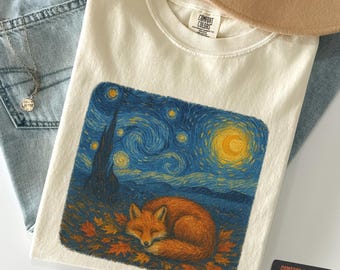 Cute Fox Shirt, Sleeping Fox Starry Night Style T-Shirt, Comfort Colors 1717 Tee, Cozy Animal Art Shirt, Woodland Nature Graphic Top