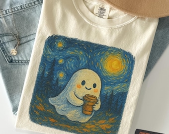 Cute Ghost Shirt, Fall PSL Ghost Graphic Shirt, Ghost Starry Night Style T-Shirt, Cute Halloween Coffee Comfort Colors Tee