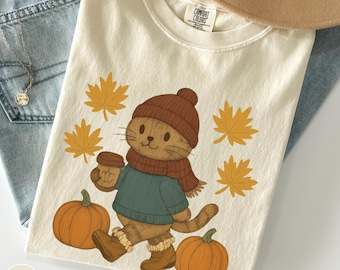Fall Cat Coffee Shirt, Autumn Pumpkin Graphic Tee