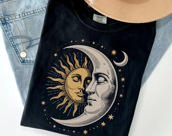 Camiseta Celestial Sol e Lua, Camiseta Vintage com Estampa de Sol e Lua, Camiseta com Arte Cósmica Astrológica, Camiseta Mística Celestial Unissex, Comfort Colors 1717