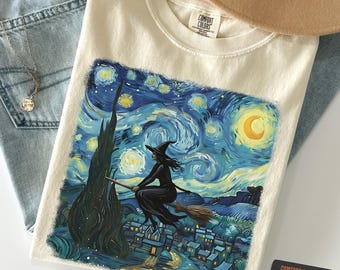 Witch Shirt, Witch Flying Shirt, Starry Night Style T-Shirt, Halloween Comfort Colors Tee, Spooky Gothic Witch Graphic Shirt