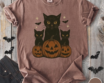 T-shirt zwarte kat Halloween, retro esthetiek Halloween, Halloween-shirt dames, grafische T-shirt zwarte kat en pompoenen, kleurcomfort Halloween