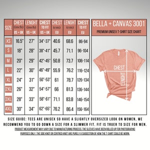 May include: A size chart for Bella + Canvas 3001 unisex t-shirts. The chart shows chest and length measurements in inches and centimeters for sizes XS to 4XL. The chart also includes a photo of a peach-colored t-shirt with the chest and length measurements marked.