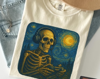 Halloween Gaming Shirt, Skeleton Gamer Starry Night Style T-Shirt, Halloween Gaming Comfort Colors Tee, Spooky Video Game Graphic Shirt