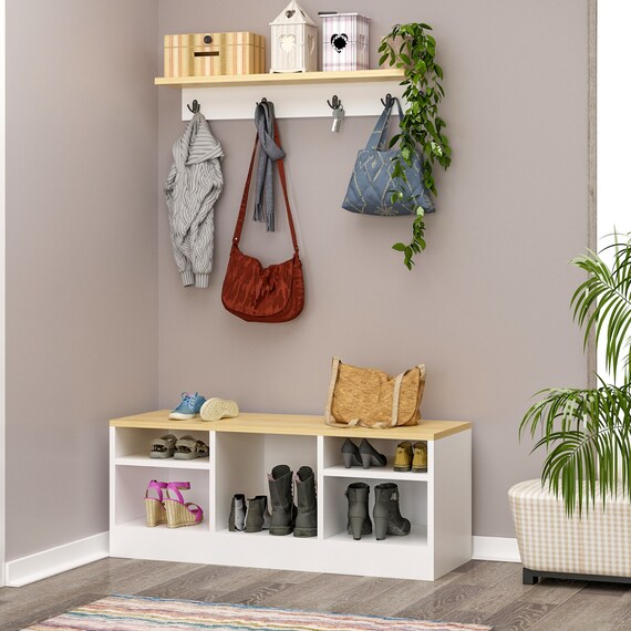 P W Wooden 4 Hooks Coat Rack With Shoe Storage Wall Mounted Israel P W Wooden 4 Hooks Coat Rack With Shoe, Wall Mounted Coat Rack With Shoe Storage
