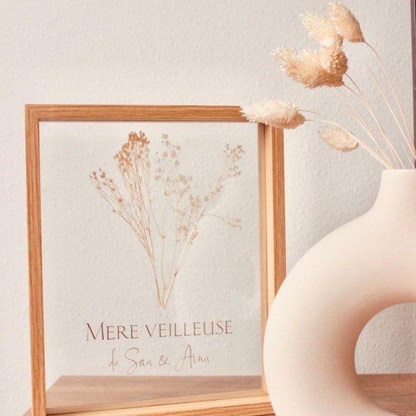 Cadre transparent en bois et verre, avec des fleurs séchées, personnalisable, cadeau de fête des mères