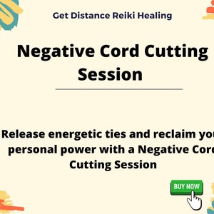 Może przedstawiać: Grafika z abstrakcyjnym wzorem w kolorze żółtym, pomarańczowym i niebieskim. Tekst głosi "Get Distance Reiki Healing" i "Negative Cord Cutting Session". Tekst poniżej głosi "Release energetic ties and reclaim your personal power with a Negative Cord Cutting Session". Zielony przycisk z napisem "BUY NOW" z białym kursorem myszy unoszącym się nad nim.