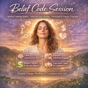 May include: An image promoting a "Belief Code Session" with a woman in the center, surrounded by symbols and text. The text includes "Release Limiting Beliefs," "Subconscious Healing," and "Emotional & Energy Clearing."